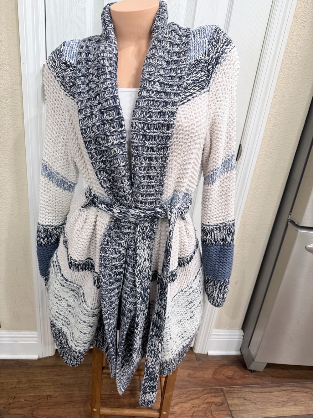 LOFT L Chunky Knit Belted Cardigan Cotton Shawl Collar Blue Cream